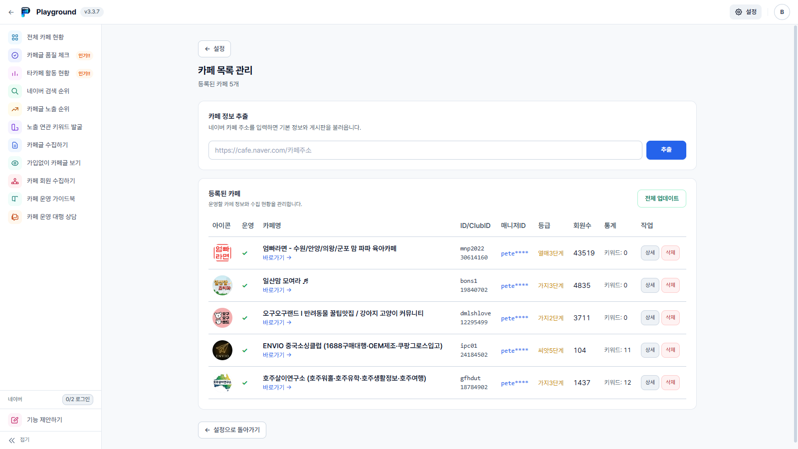 카페 목록 관리 화면